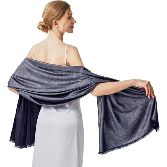 Pashmina Shawl Wraps Scarf Formal - Navy & Silver - Picture 6 of 7